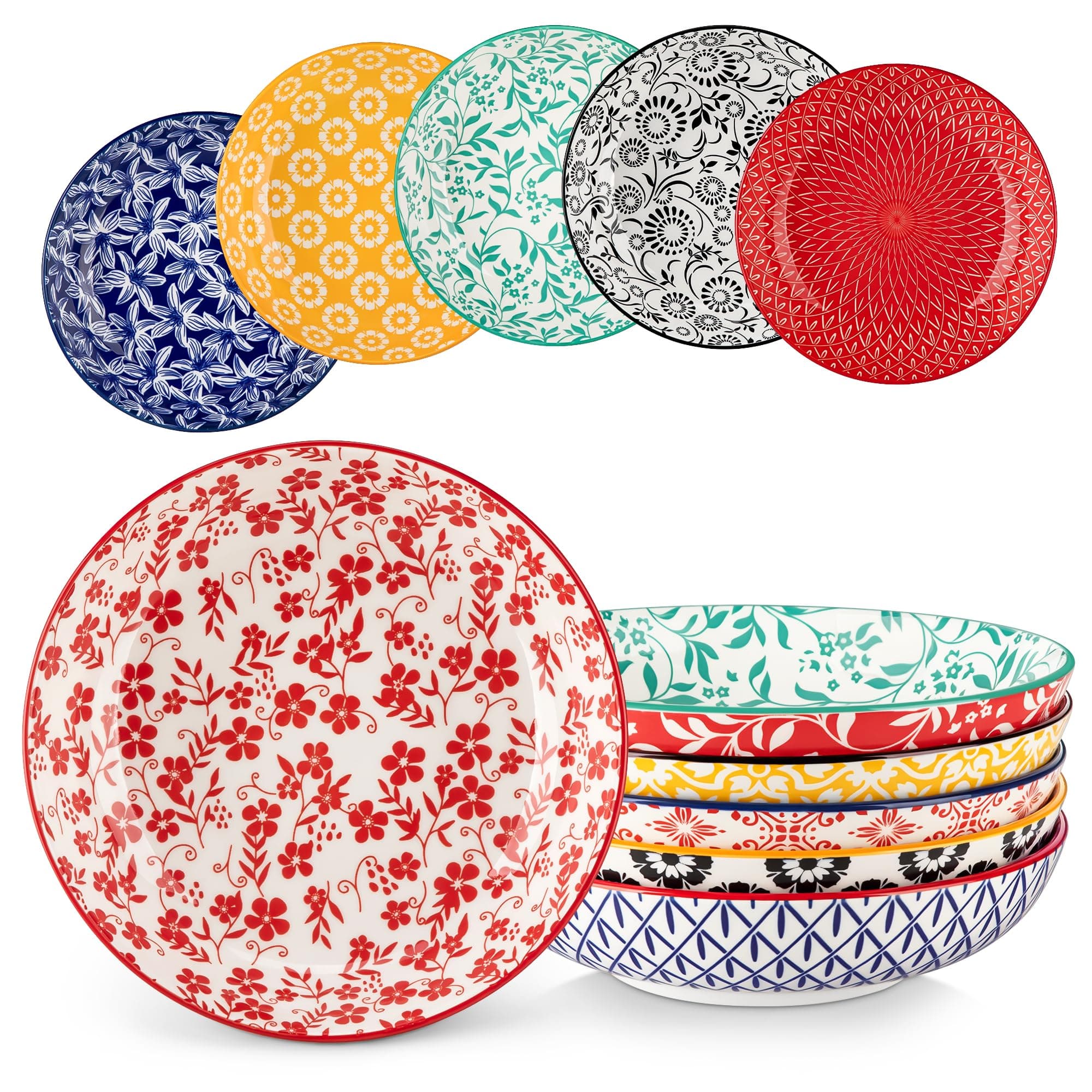 vancasso 8.5" Pasta Bowls Set of 6, 40 oz Porcelain Shallow Salad Bowls, Serving Bowls Pasta Dishes Plates Large Kitchen Bowl Plates, Vivid Floral Design, Microwave Safe, Series SELENE