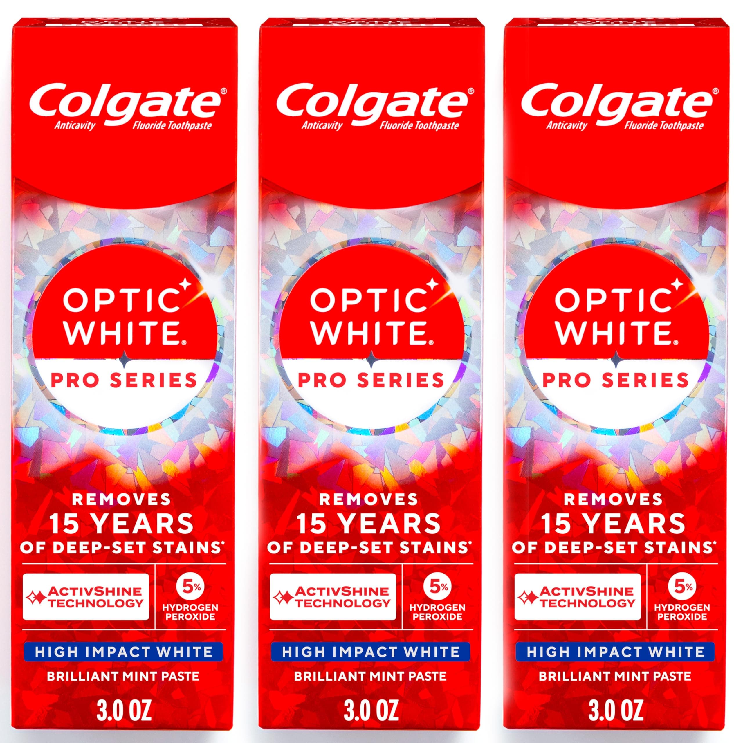 Colgate Optic White Pro Series High Impact White Toothpaste, 3 Pack, 3.0 oz | Teeth Whitening Toothpaste with 5% Hydrogen Peroxide and ActivShine, Brilliant Mint Flavor
