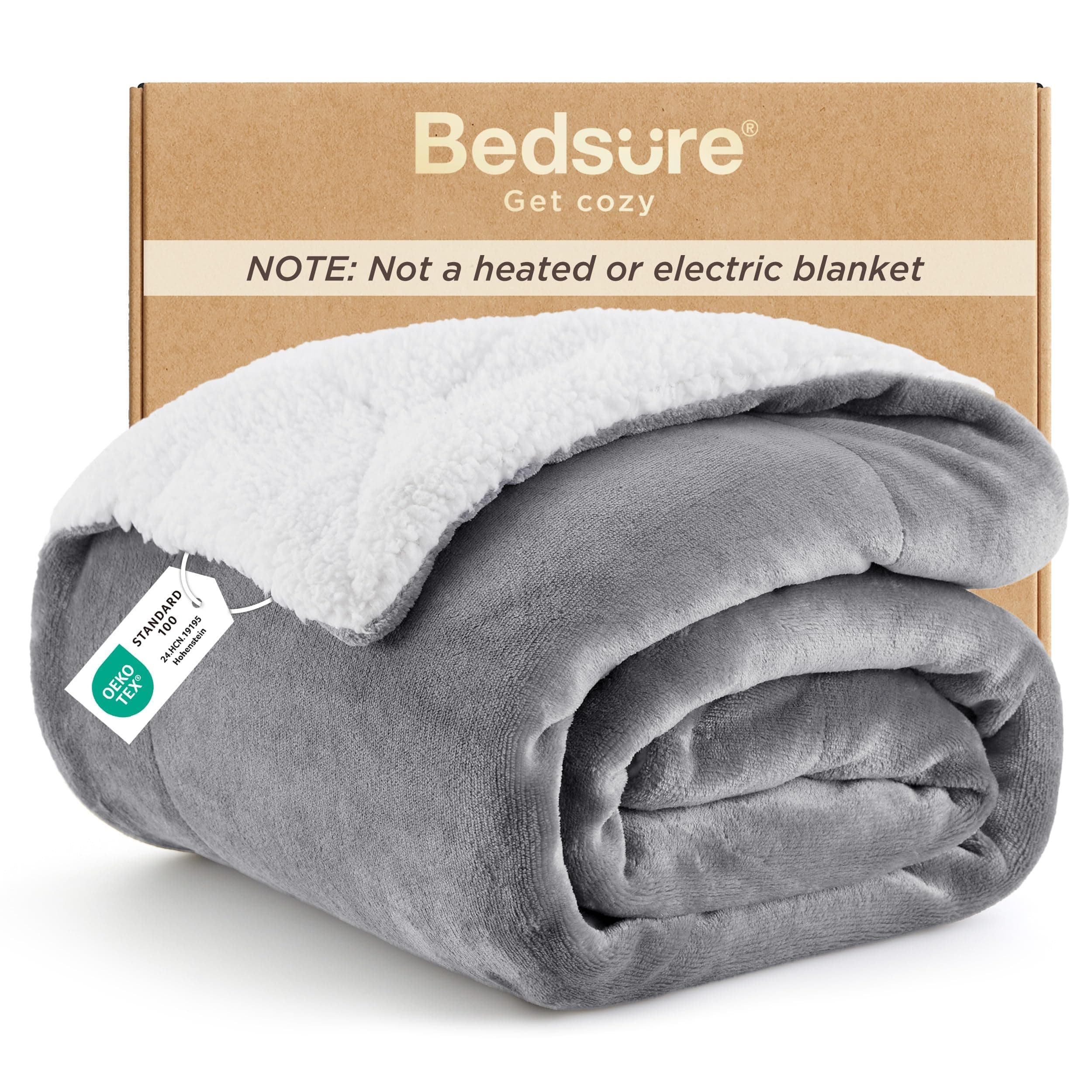 Bedsure GentleSoft Sherpa Fleece Throw Blanket for Couch, Non-Heated, Thick & Warm Cozy Comfort Christmas Blanket for Winter Fall, Soft Fuzzy Plush Throw Gifts for Women Room Decor, Grey, 50x60 Inches