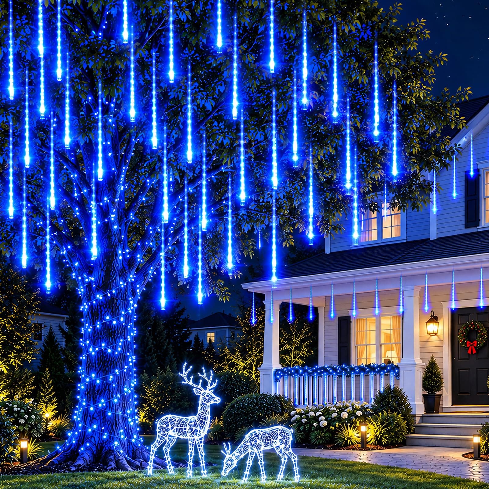 Brightown 12" inch meteor shower lights outdoor, 8 tube blue icicle lights | IP65 waterproof icicle lights for outside, ETL certified 7V low voltage, 4 connectable for Christmas tree, patio, yard