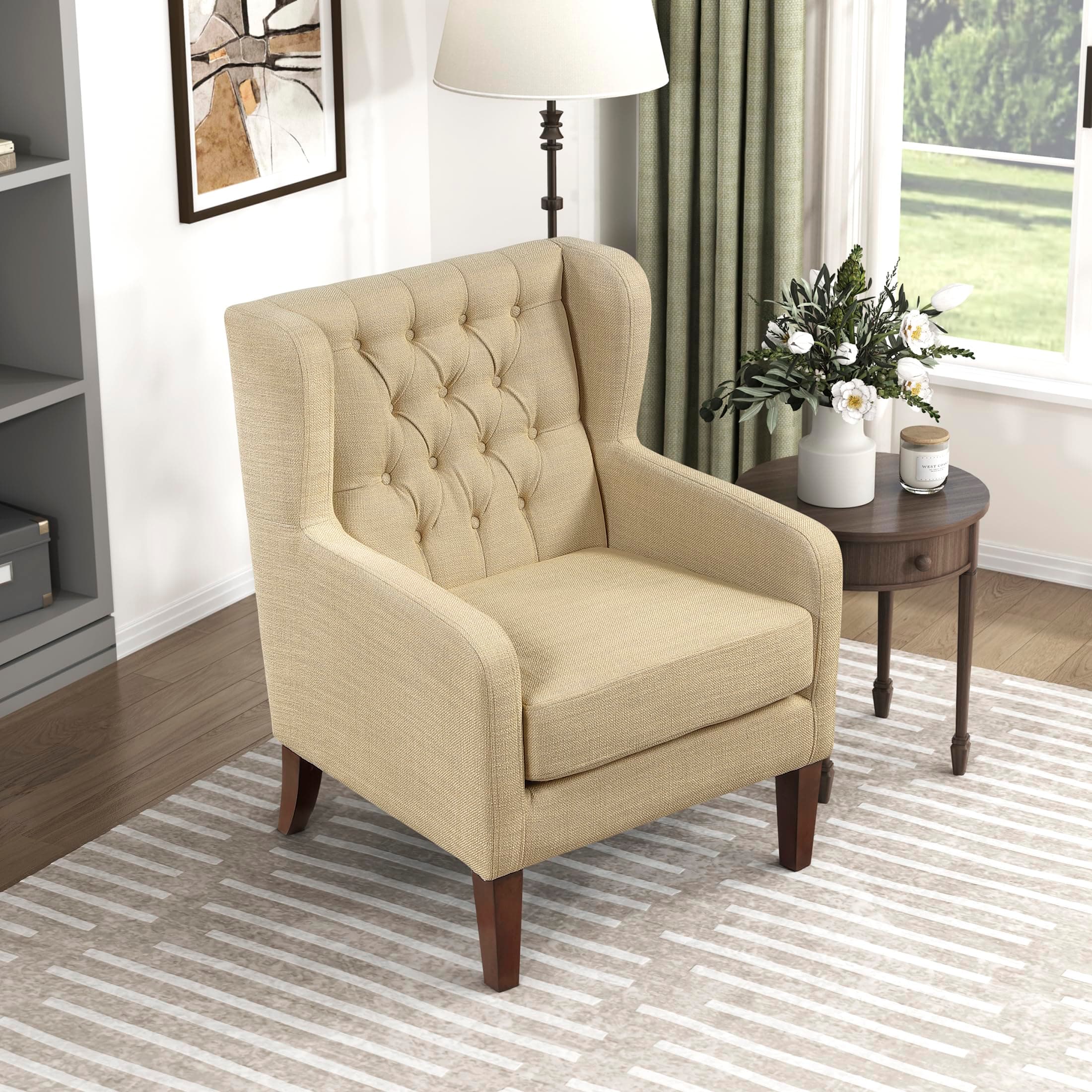 Lexicon Living Room Accent Chair, Button Tufted Wingback, Track Arm, Reversible Seat Cushion, Solid Wood Legs, Textured Fabric Comfy Armchair, for Bedroom/Office, Easy Assembly, Beige