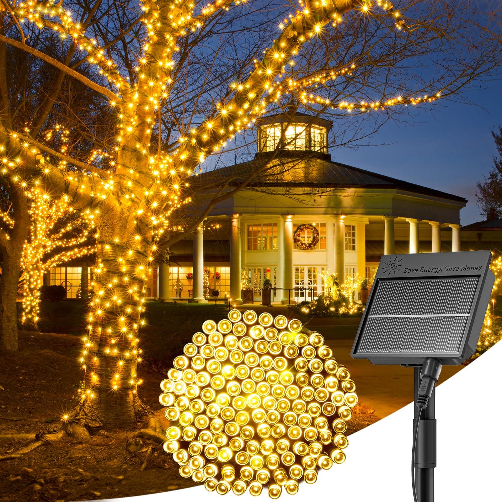 Minetom Solar String Lights Outdoor Waterproof, 40 FT 100 LED Outdoor Light | Solar Fairy Lights with 8 Lighting Modes, IP65 Waterproof Solar Christmas Lights for Outdoor Outside Tree Patio, Warm White