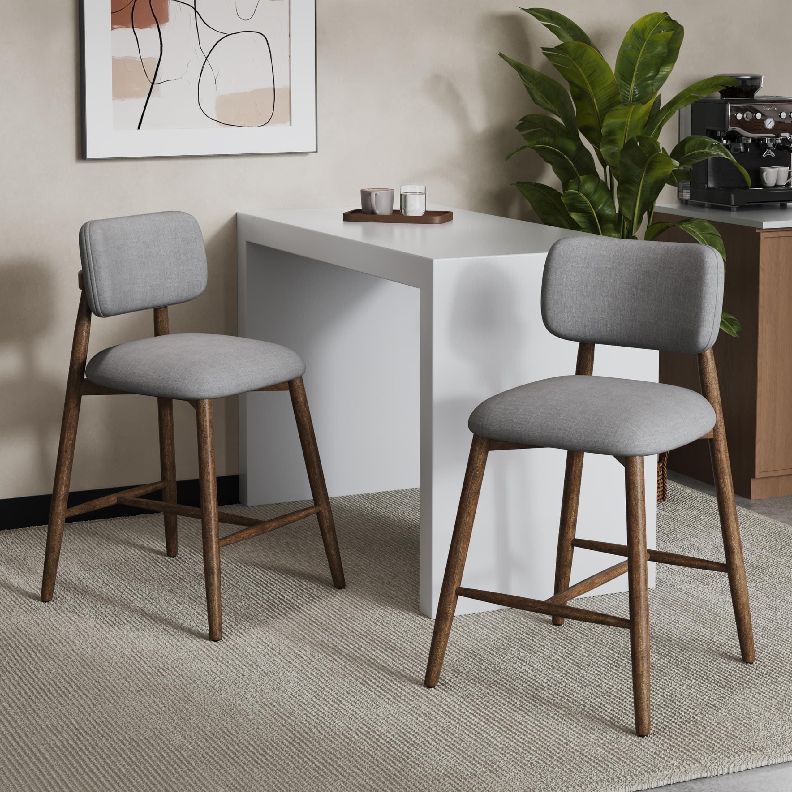 Merax Counter Height Bar Stools Set of 2, Modern Rubberwood Barstools with Curved Padded Backrest, Beige Upholstery, Rustic Bar Chairs, 25.8" Seat Height Stools for Kitchen Island & Home Bar