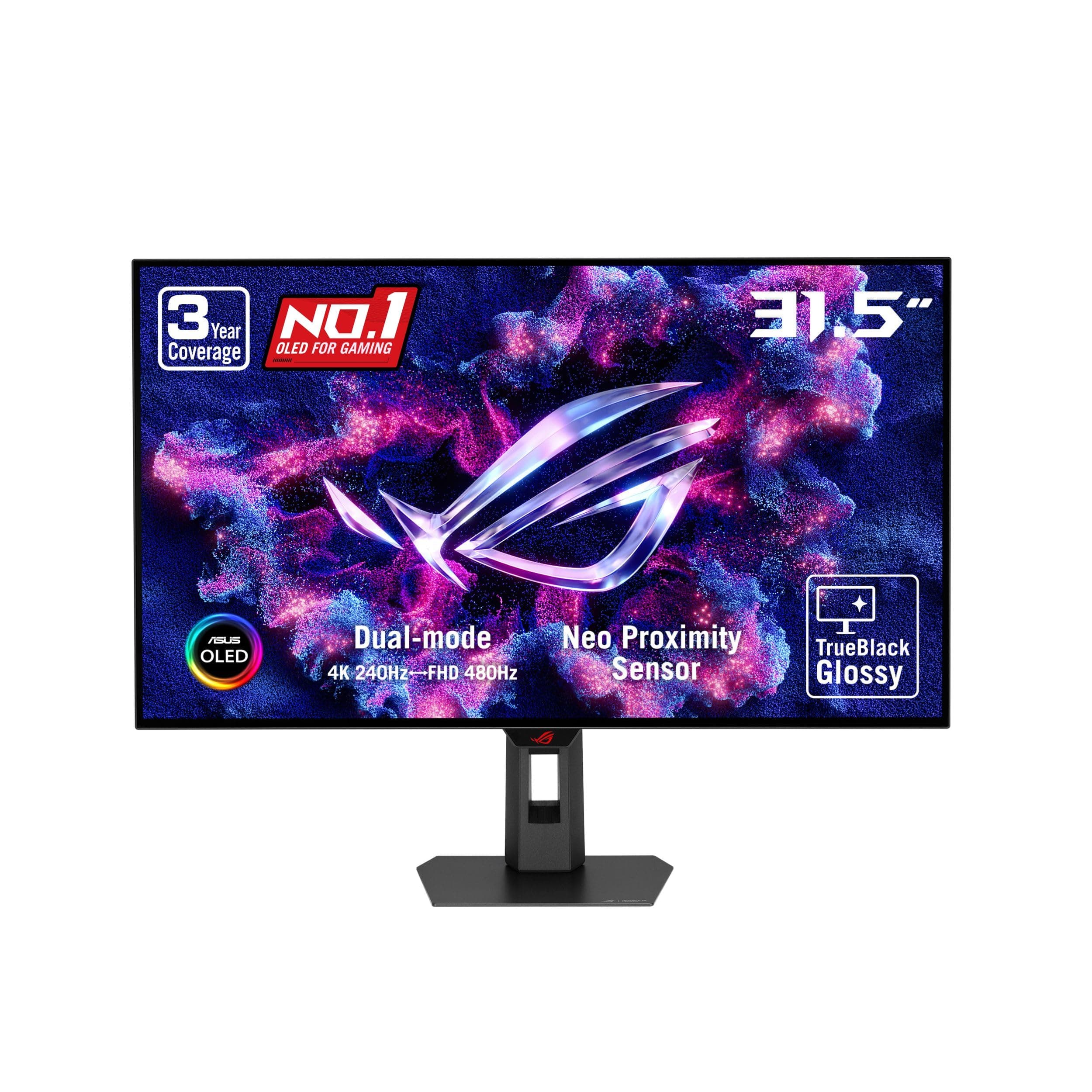 ASUS ROG XG32UCWMG 32 Inch 4K 240Hz Glossy OLED G-SYNC Gaming Monitor | Dual Mode FHD 480Hz, TrueBlack Glossy OLED, 0.03ms, DisplayHDR 400, 99% DCI-P3, FreeSync Premium, Auto KVM for PS5 and Xbox